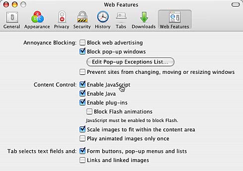 Enabling JavaScript in Camino Enabling JavaScript in Camino